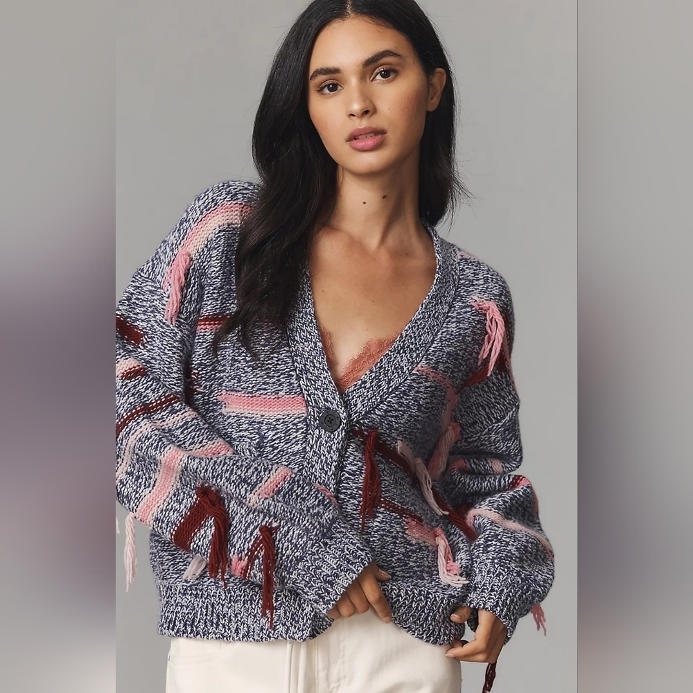 New Joie Aksana Sweater Cardigan Blue Pink Fringe Striped Boho Oversized sz XL